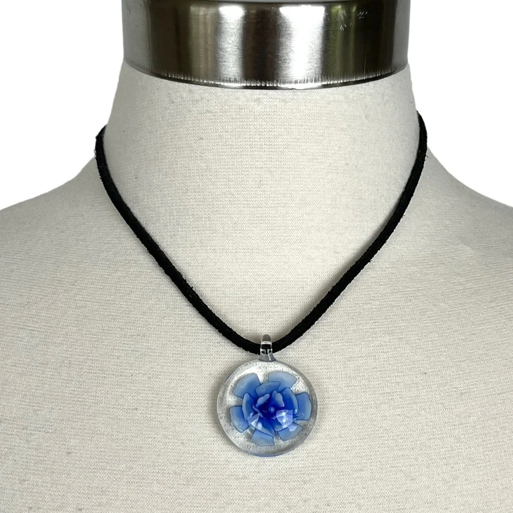 Blue Flower Glass Pendant Necklace